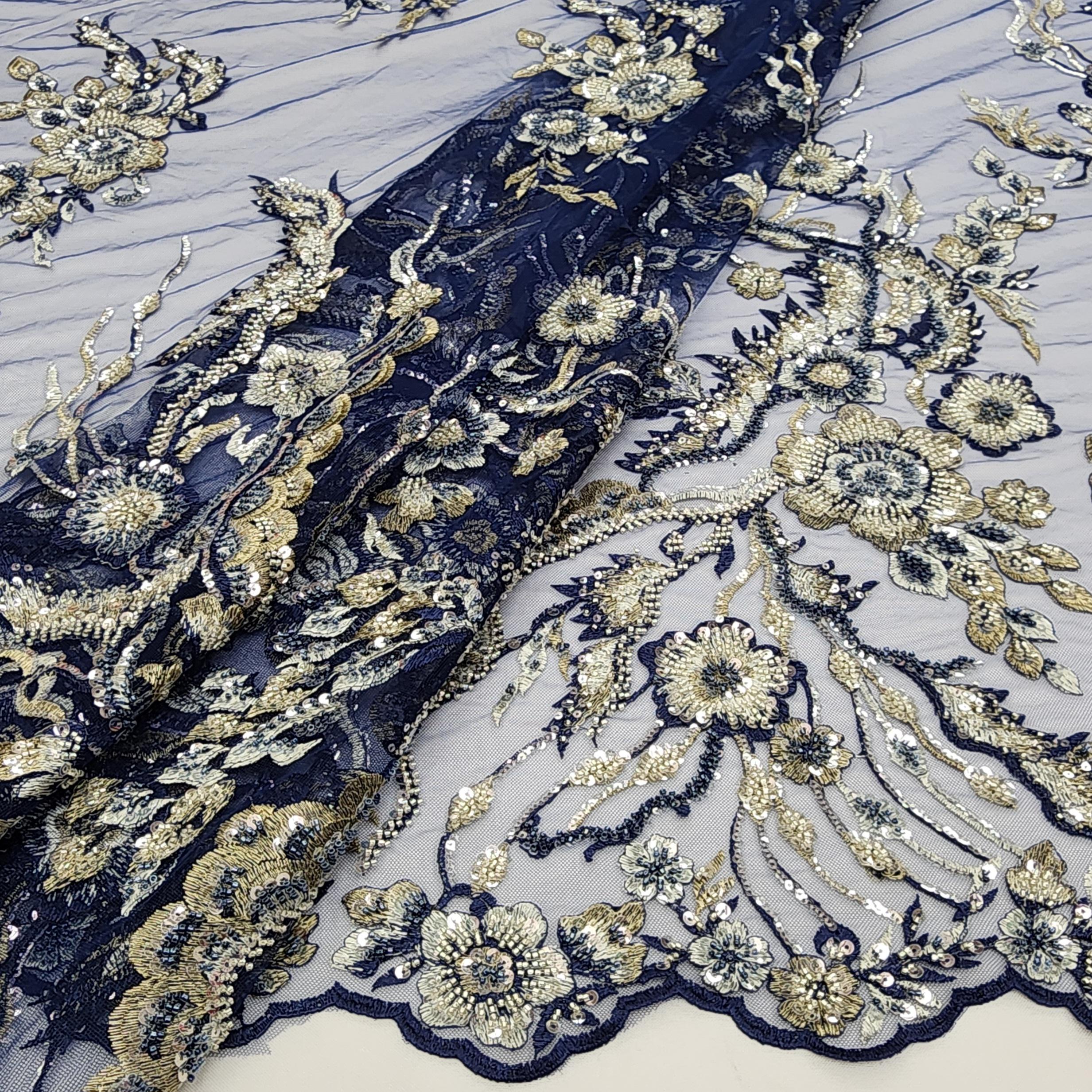 Navy Blue Floral Embroidery With Beads and Sequins on Mesh Lace Fabric ...