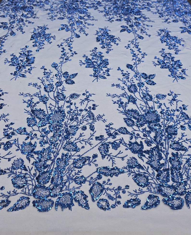 Royal Blue Floral Glitter Sparkle Design on Mesh Lace Fabric by the ...