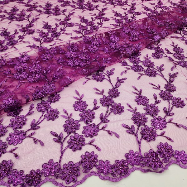 Magenta Purple Floral Embroidery with Beads and Sequins on Mesh Lace Fabric by the Yard For Bridal, Bridesmaid, Appliqué, Couture, STYLE 313