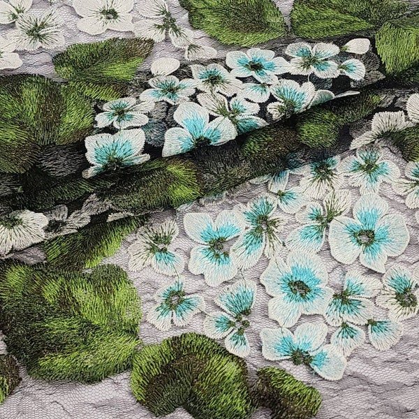 Black Green Aqua Multicolored Floral Embroidery on Mesh Lace Fabric by the Yard for Bridesmaid - Bridal - Dress - Gown - Decor - Style 243