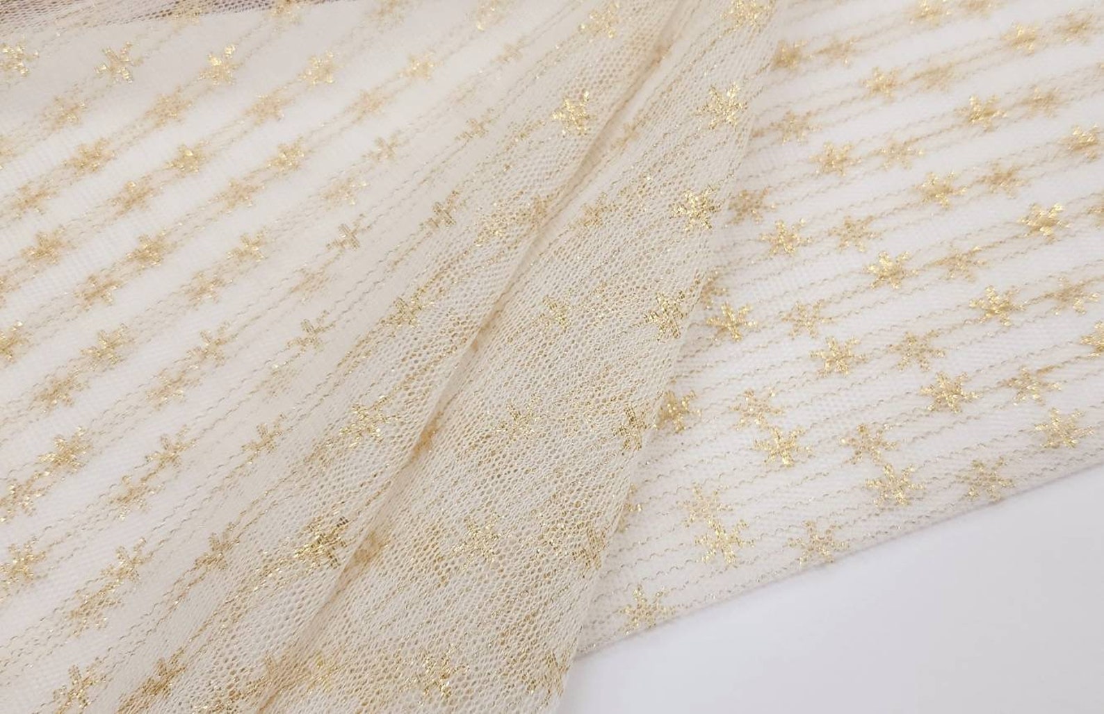 Ivory Gold Metallic Floral & Stripes on English Netting Fabric by the ...