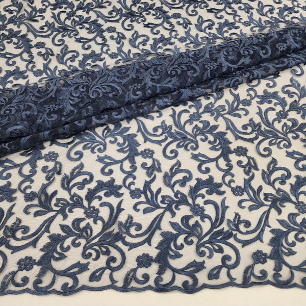 LIGHT NAVY Floral Swirl Embroidery on Mesh Royalty Lace Fabric by the Yard For Gowns, Weddings, Bridal, Dress, Skirts, Cosplay - STYLE 177