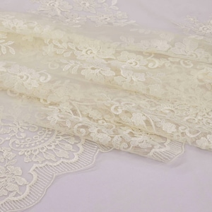 IVORY Embroidery Floral on Mesh Lace Fabric by the yard for Bridal Dress - Veils - Gowns - Skrits - Cosplay - Scalloped - Capes - STYLE 160
