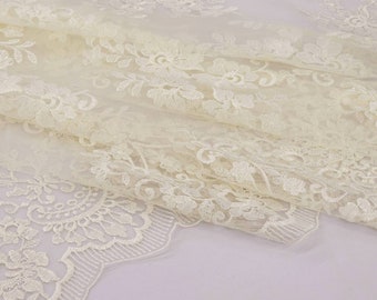 IVORY Embroidery Floral on Mesh Lace Fabric by the yard for Bridal Dress - Veils - Gowns - Skrits - Cosplay - Scalloped - Capes - STYLE 160