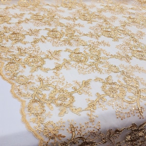 GOLD Polyester Floral Embroidery with Sequins on Mesh Lace Fabric by the Yard for Gown- Wedding- Bridesmaid- Formal Dress- Prom- STYLE 289