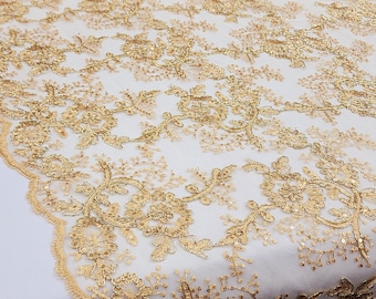 GOLD Polyester Floral Embroidery with Sequins on Mesh Lace Fabric by the Yard for Gown- Wedding- Bridesmaid- Formal Dress- Prom- STYLE 289
