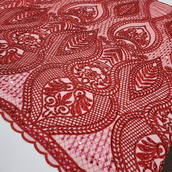 RED Damask Fashion Beaded and Sequins Design on Mesh Lace Fabric