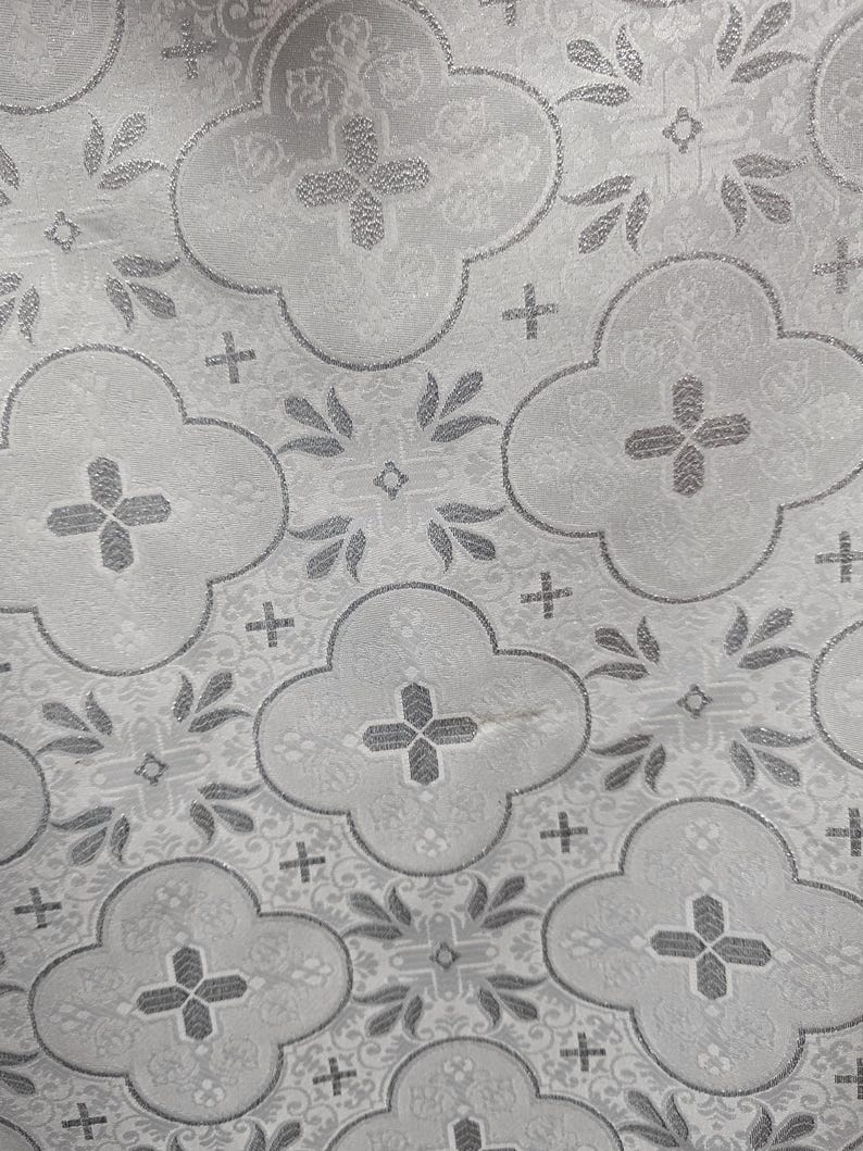 White Silver Liturgical Jacquard Cross Brocade Fabric by the Yard ...