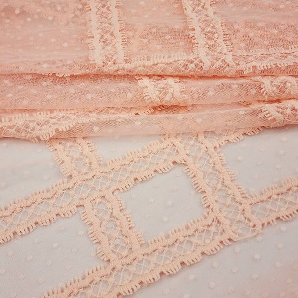 Blush Polyester Polka Dot with Blush trim on mesh lace fabric by the yard for Dress - Decor - Couture - Costume - Party Event - STYLE 176