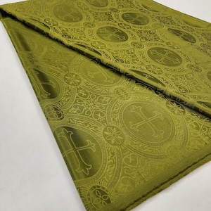 Tissu brocart vert olive pour église - Liturgie - Ecclésiastique - Jacquard - Vêtements liturgiques - Brocart à croix au mètre - STYLE 121