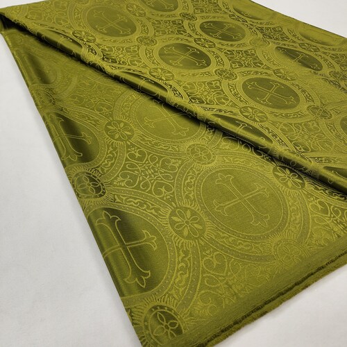 Tecido Brocado Litúrgico Verde Oliva para Igreja - Jacquard para Vestimentas Eclesiásticas - Brocado com Cruz - Venda por metro - ESTILO 121