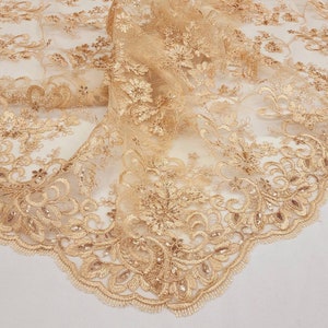 Rose Gold Polyester Floral Embroidery with Sequins on Mesh Lace Fabric by the Yard for Gown- Wedding- Bridesmaid- Prom- Dress- STYLE 174