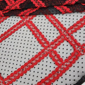 Puede incluir: Borde de encaje rojo sobre tela transparente negra con estampado de lunares.