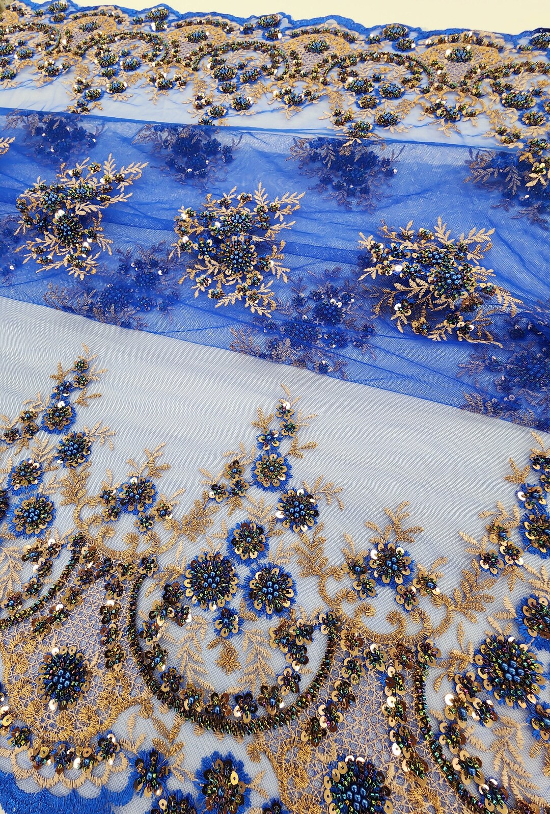 Royal Blue Geometric Beading on Blue Tulle Embroidery