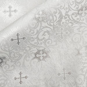 White Silver Liturgical Jacquard Brocade Fabric Cross Religious Event Ecclesiastical Church Chasuble Stole Apron Vestment Clergy - STYLE 115