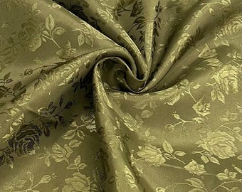 Dark Olive Green Polyester Floral Jacquard Satin Fabric by the yard for Gowns Wedding Home Decor Clothes Costumes Crafts Runners - STYLE 316