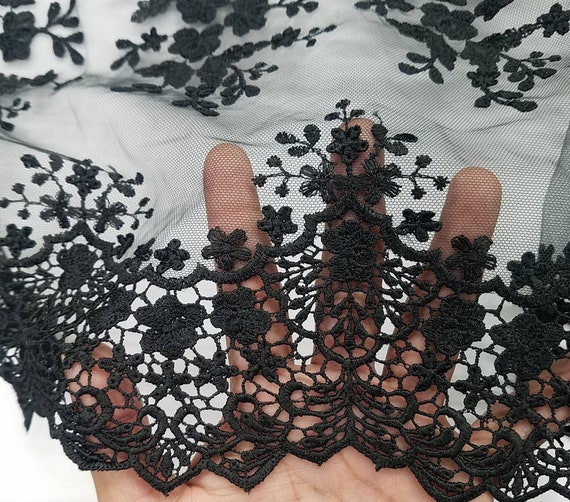 60 Inch Wide Raschel Lace Fabric - Vintage Thread Lace Bolt For Wedding Dresses & Crafts, 1 Yard Black