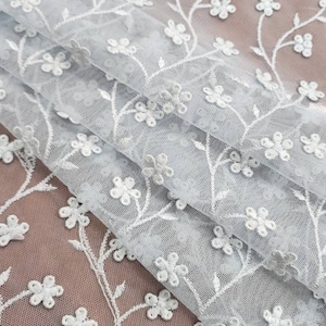 Light Blue Embroidery Floral on Mesh Lace Fabric By The Yard For Gown- Wedding- Bridal- Dress- Prom- Bridesmaid- Flower Girl - STYLE 257