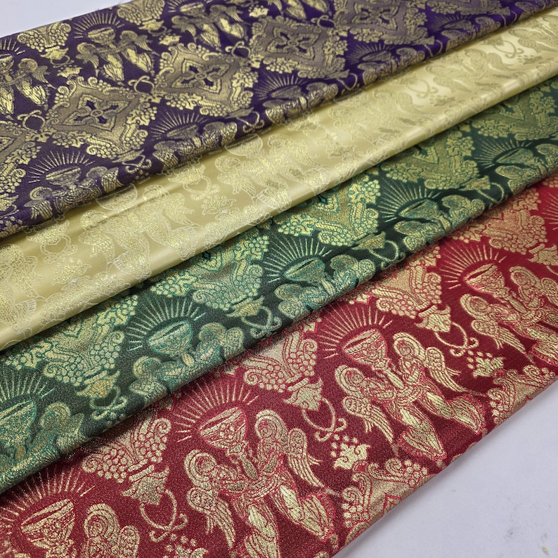 4 kleuren metallic liturgische brokaat jacquardstof per meter voor kerkdecoratie, kerkelijk religieus kruis, hostiebekers, tafelloper, STIJL 225 afbeelding 3