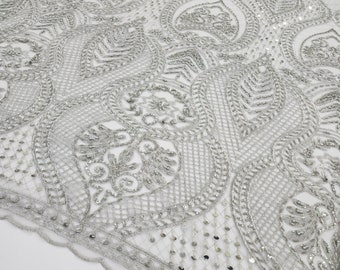 SILVER Damask Fashion Beaded and Sequins Design on Mesh Lace Fabric by the Yard for Gowns Prom Couture Event Decor Bridal Appliqué STYLE 104