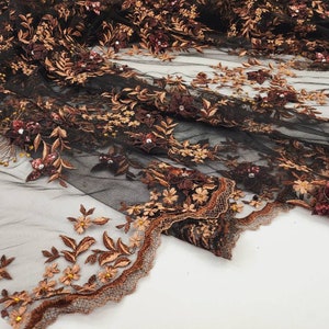 Black Copper Floral 3D Embroidery with Beads and Sequins on Mesh Lace Fabric by the Yard for Gown- Bridal- Appliqué- Prom- DIY- STYLE 153