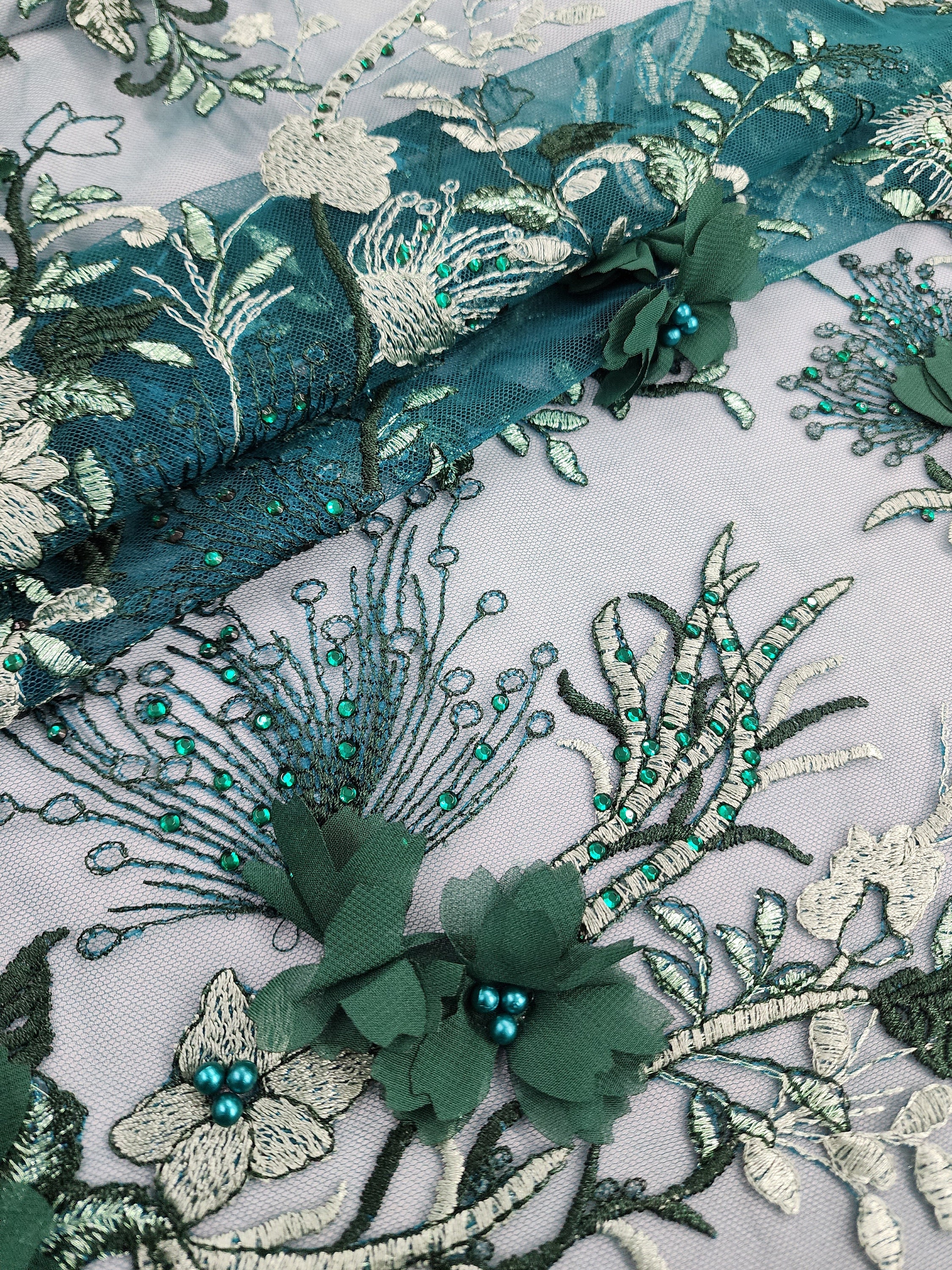 Teal Hunter Green 3D Floral Embroidery on Mesh Lace Fabric by the Yard ...
