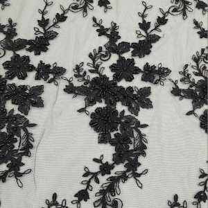 Black Floral Embroidery with Beads and Sequins on Mesh Lace Fabric by the Yard For Bridal Gown - Bridesmaid - Appliqué - Couture - STYLE 286