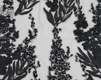 Black French Embroidery Floral with Beads and Sequins on Mesh Lace Fabric by the Yard for Gowns, Wedding, Couture, Appliqué, STYLE 233