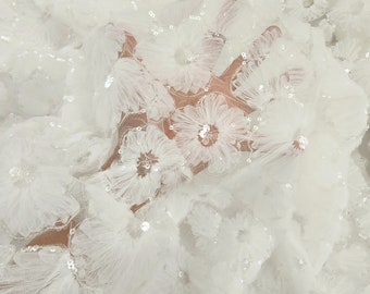 OFF WHITE Stunning Ruffle Pleaded Floral Embroidery with Sequins on Mesh Lace Fabric, Blossom Pattern for Bridal, Couture, Gowns, STYLE 323