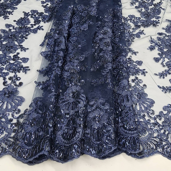 NAVY Polyester Floral Embroidery with Sequins on Mesh Lace Fabric by the Yard for Gown-Wedding-Bridesmaid-Prom-Formal Dress-DIY- STYLE 125