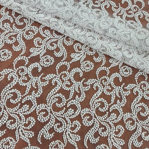WHITE Polyester Embroidery & Scalloped on Mesh Lace Fabric by the Yard for Bridal Dress - Gowns - Wedding - Couture - Decor - Style 305