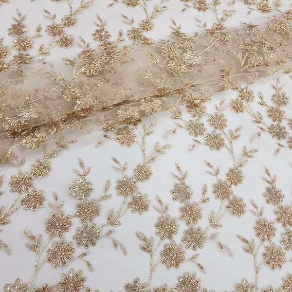 Champagne Embroidery Floral with Beads and Sequins on Mesh Lace Fabric by the Yard for Gowns - Appliqué - Wedding - Couture - STYLE 313