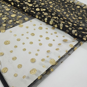Black Gold Sparkle Glitter Dot Tulle Fabric By The Yard - Gold Shiny Small & Large Polkadots for Crafts Gowns Decor Events Costume STYLE 266