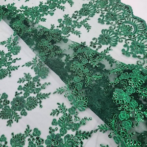 Hunter Green Polyester Floral Embroidery with Sequins on Mesh Lace Fabric by the Yard for Gown-Wedding-Bridesmaid-Prom Dress-DIY- STYLE 125