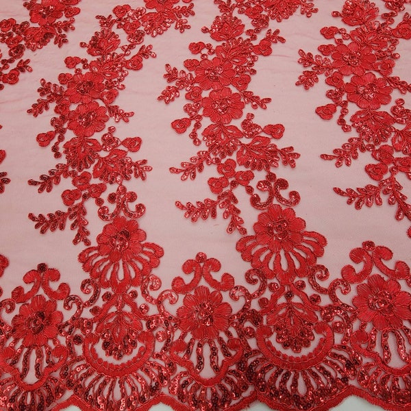 RED Polyester Floral Embroidery with Sequins on Mesh Lace Fabric by the Yard for Gown- Wedding- Bridesmaid- Prom- Formal Dress- STYLE 125