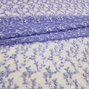 Lavender Embroidery Floral with Sequins on Mesh Lace Fabric Sold By The Yard For Gowns Bridal Party Dress Wedding Bridesmaid - STYLE 040