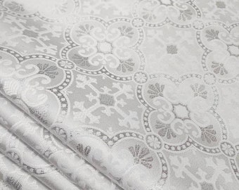 WHITE SILVER Religious Brocade Fabric- Liturgical- Ecclesiastical- Church Cross Metallic- Vestment- Altar & Home Decor- Stole - STYLE 185