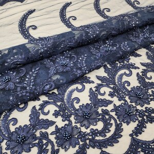 Navy Blue Floral Embroidery With Beads and Sequins on Mesh Lace Fabric ...