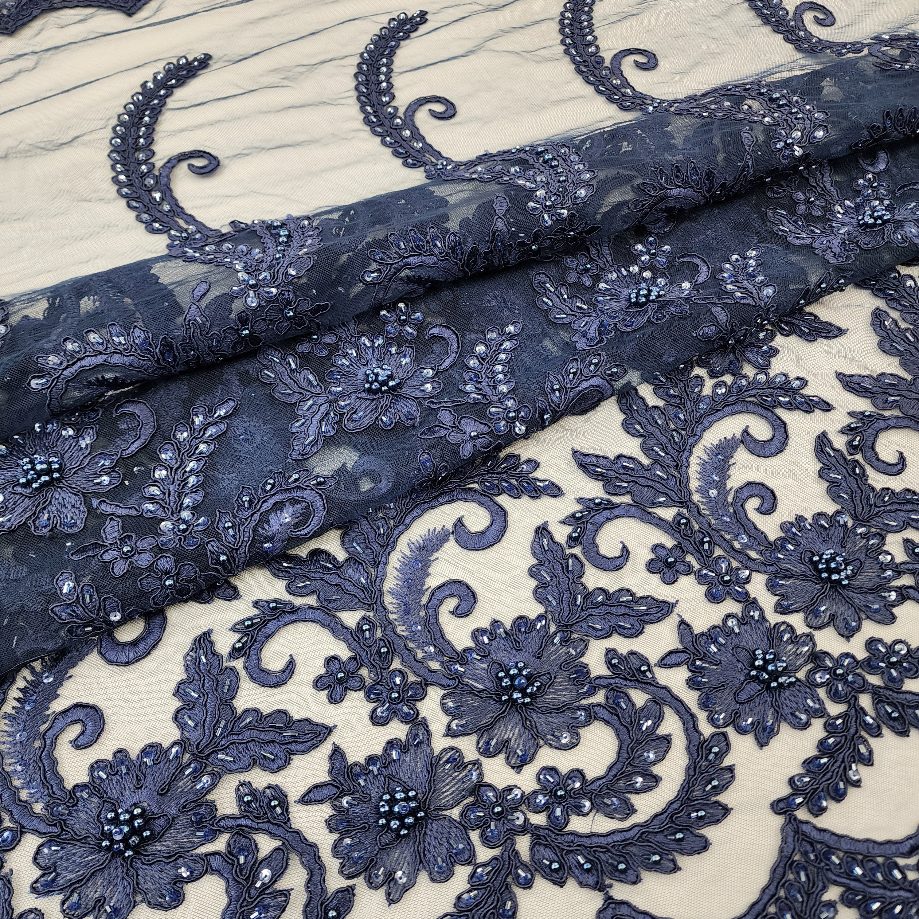 Navy Blue Floral Embroidery With Beads and Sequins on Mesh Lace Fabric ...
