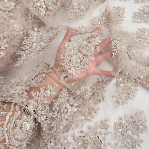 TAUPE Floral Embroidery with Beads and Sequins on Mesh Lace Fabric by the Yard For Bridal, Gowns, Bridesmaid, Appliqué, Couture - STYLE 275