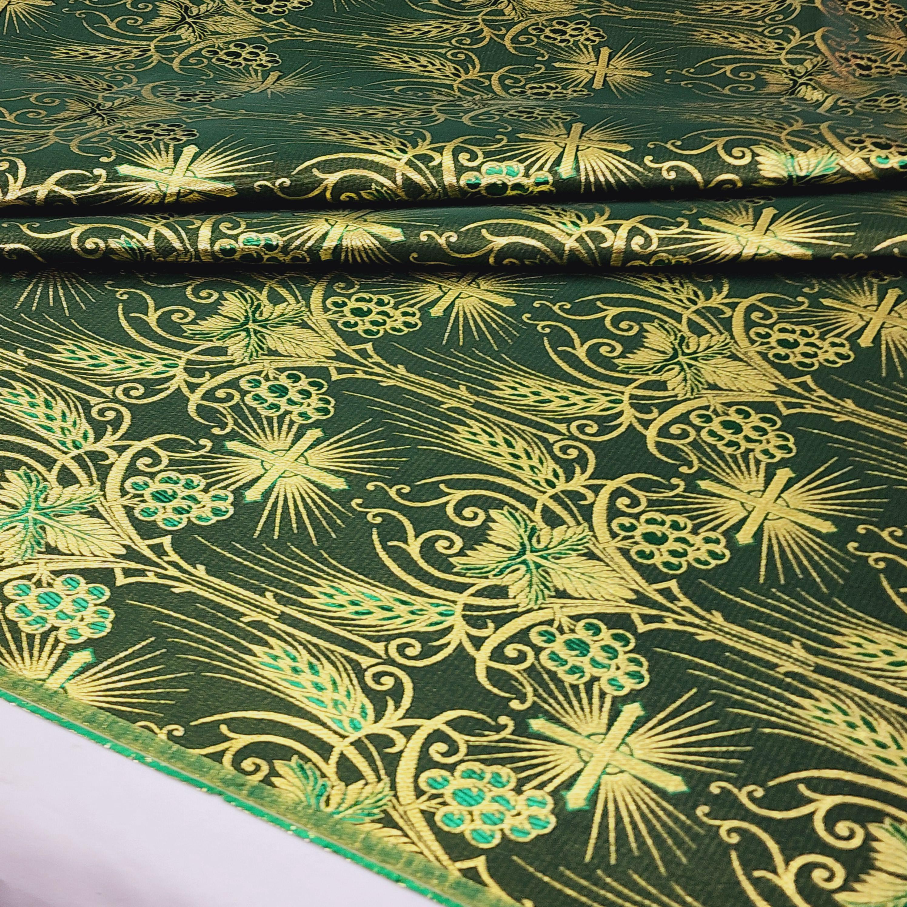 Hunter Green Gold Liturgical Metallic Brocade Jacquard Fabric By the Yard Religious Vestment Cross Wheat Grapes Design Event Decor STYLE 170