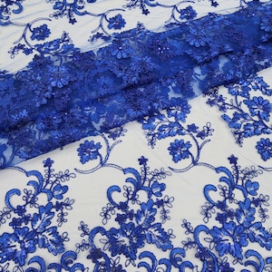 Royal Blue Polyester Floral Embroidery with Sequins on Mesh Lace Fabric by the Yard for Gown- Wedding- Bridesmaid- Prom- Dress- STYLE 174