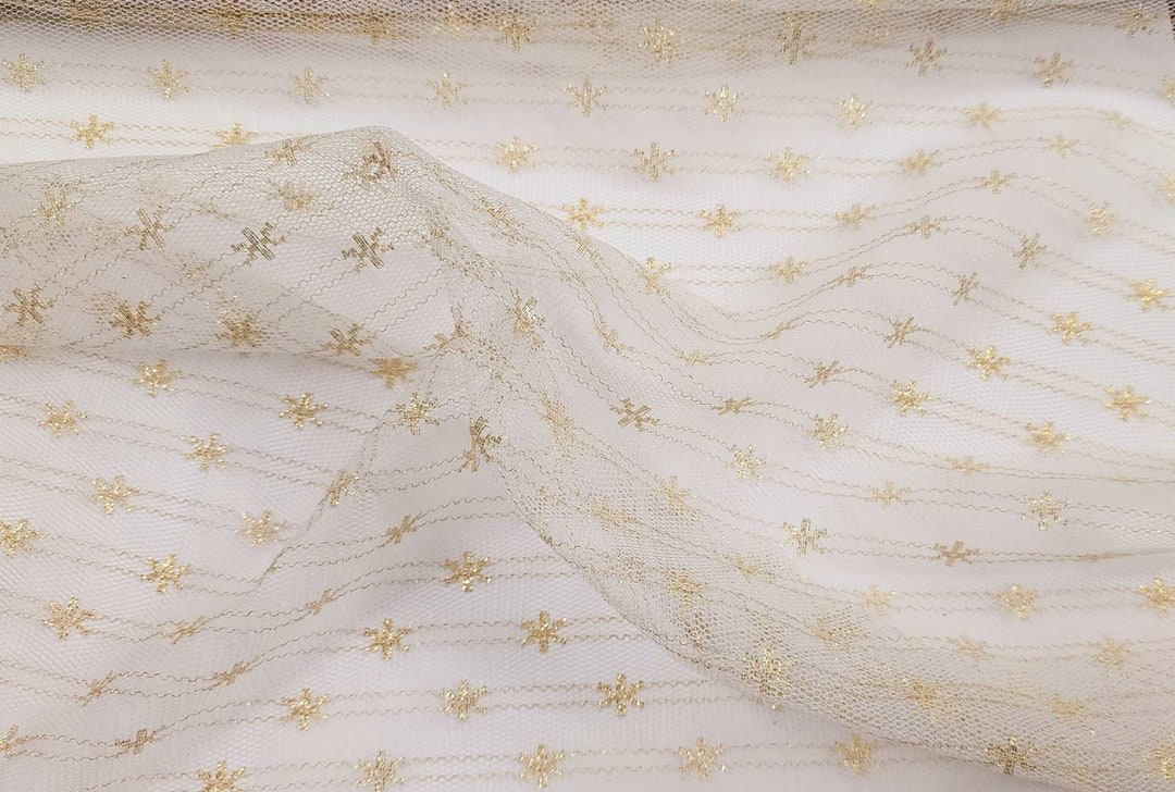 Ivory Gold Metallic Floral & Stripes on English Netting Fabric by the ...