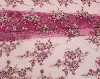 Magenta Floral Embroidery with Beads and Sequins on Mesh Lace Fabric by the Yard for Gowns - Wedding - Bridal - Veils - Couture - STYLE 231