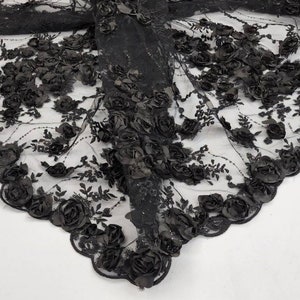 BLACK Floral 3D Embroidery with Sequins on Mesh Lace Fabric by the Yard for Gown - Dress - Bridal - Appliqué- Prom- Couture - DIY- STYLE 167