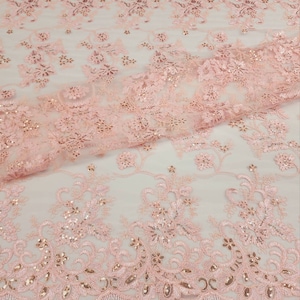 Light Blush Pink Polyester Floral Embroidery with Sequins on Mesh Lace Fabric by the Yard for Gown- Wedding- Bridesmaid- Prom - STYLE 174