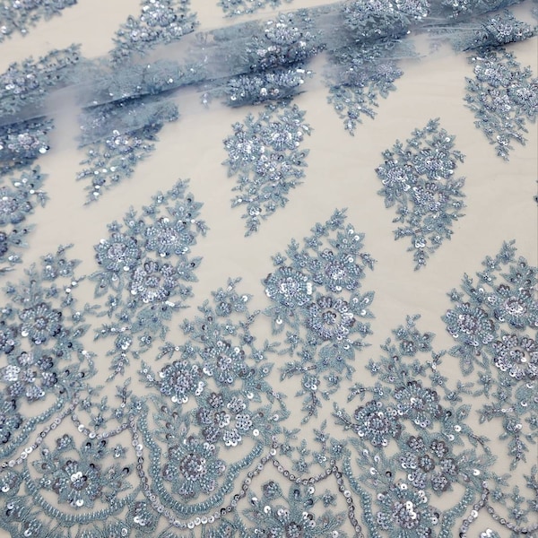 Baby Blue Floral Embroidery with Beads and Sequins on Mesh Lace Fabric by the Yard For Bridal, Bridesmaid, Appliqué, Couture - STYLE 275