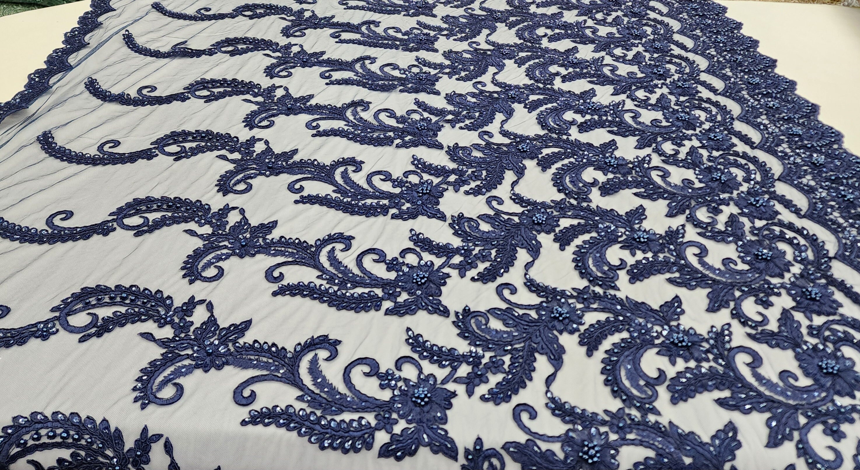 Navy Blue Floral Embroidery With Beads and Sequins on Mesh Lace Fabric ...