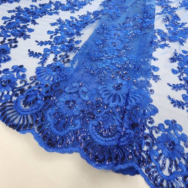 Royal Blue Polyester Floral Embroidery with Sequins on Mesh Lace Fabric by the Yard for Gown-Wedding-Bridesmaid-Prom-Formal Dress- STYLE 125