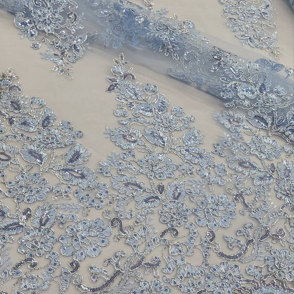Blue Silver Polyester Floral Embroidery with Sequins on Mesh Lace Fabric by the Yard for Gown- Wedding- Bridesmaid- Prom- Dress- STYLE 252